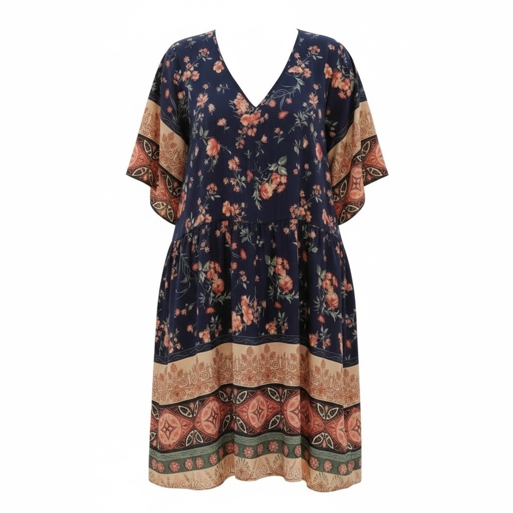 SHEIN CURVE 3X Navy Blue Peach Pink Mixed Floral Trapeze Dress